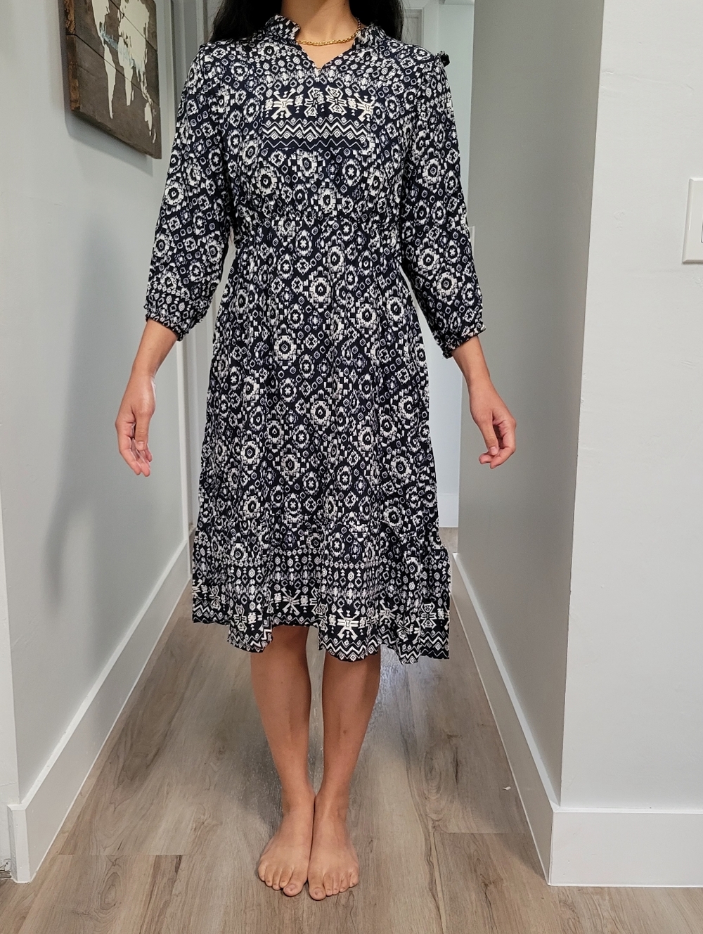Sapphire Boho Chic Midi Dress Size Large Blue Tribal Print Resortwear Flowy